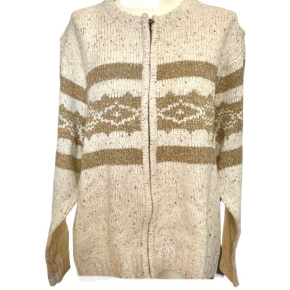 Vintage ST JOHNS BAY Fair Isle ecru & khaki oatmeal knit full zip sweater 2X NWT - Picture 1 of 6